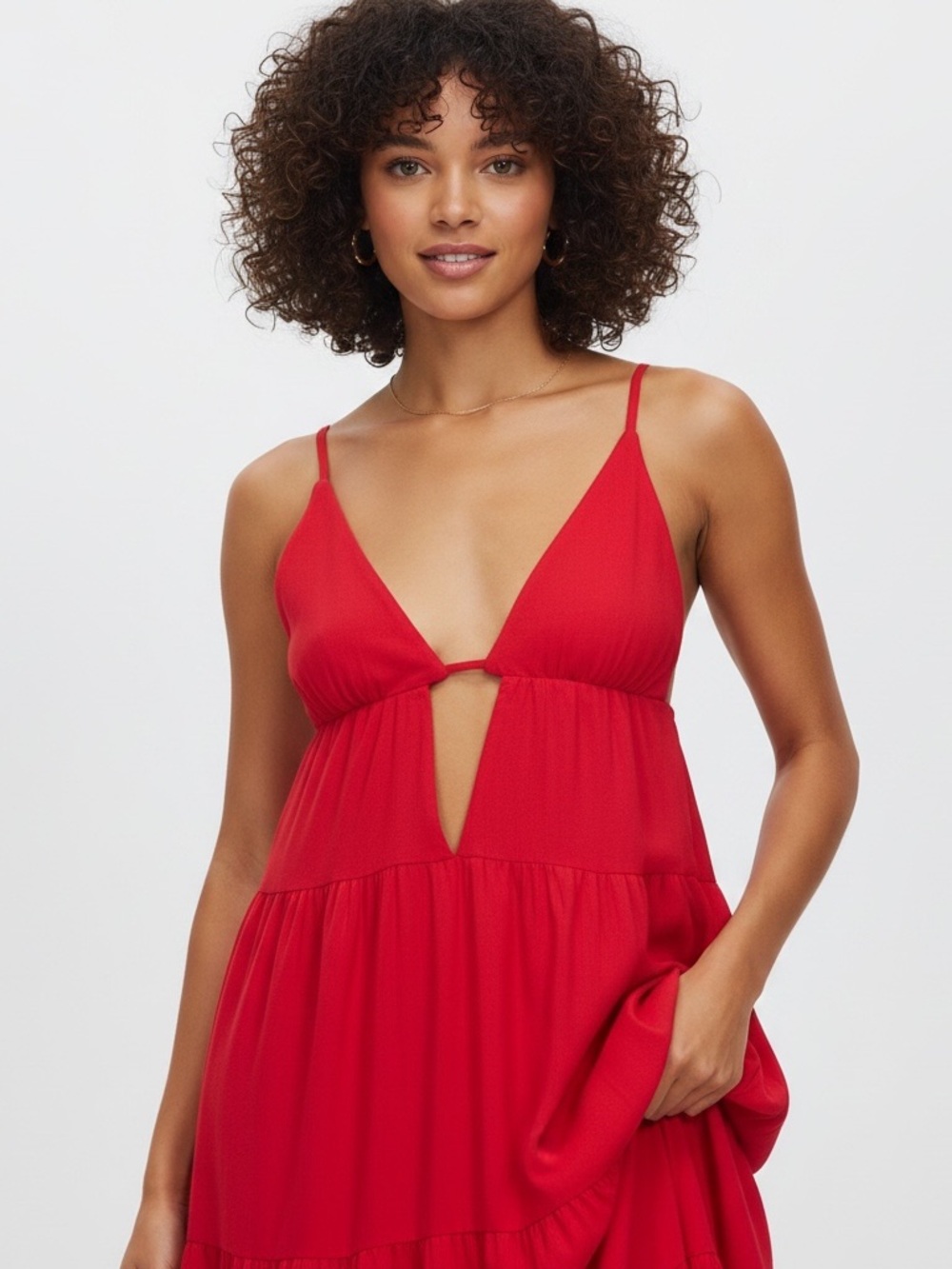 SNDYS Red Maxi Dress Size L Tiered Cutout Spaghetti Strap Boho Summer